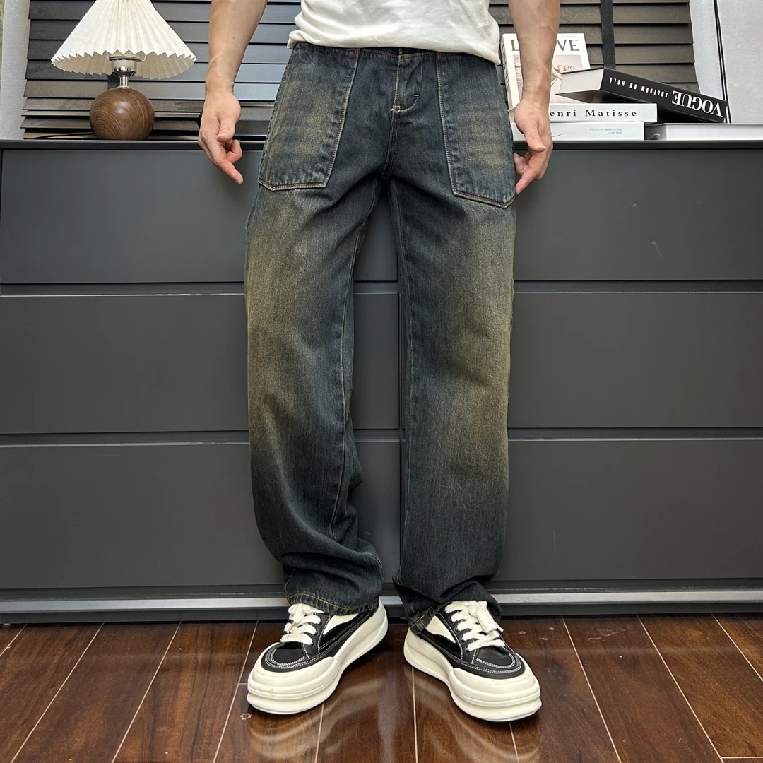 秋季美式复古做旧水洗直筒宽松男士牛仔裤百搭休闲街头高街长裤潮