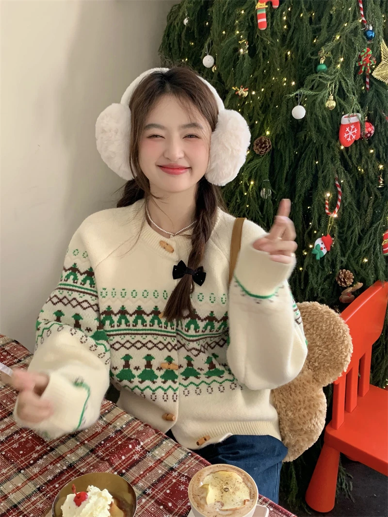 圣诞氛围感撞色提花毛衣外套女秋冬季2025新款牛角扣加厚针织开衫