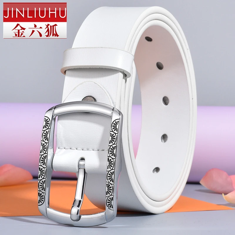 金六狐女士真皮皮带牛皮针扣百搭3.4宽韩版ins白色休闲腰带女潮流