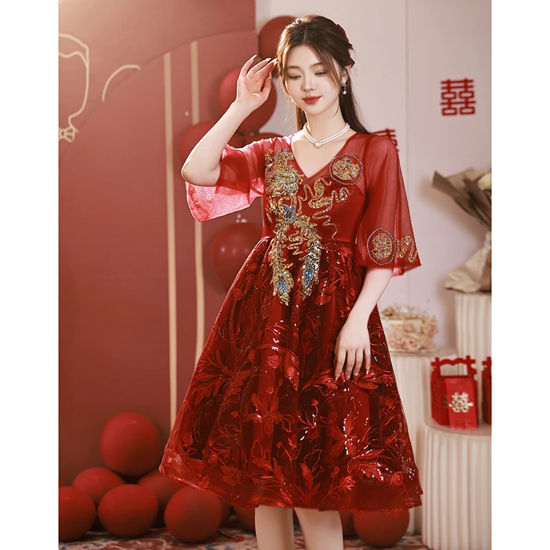 2024新款红色蕾丝敬酒服新中式结婚订婚礼服女回门大码胖mm连衣裙