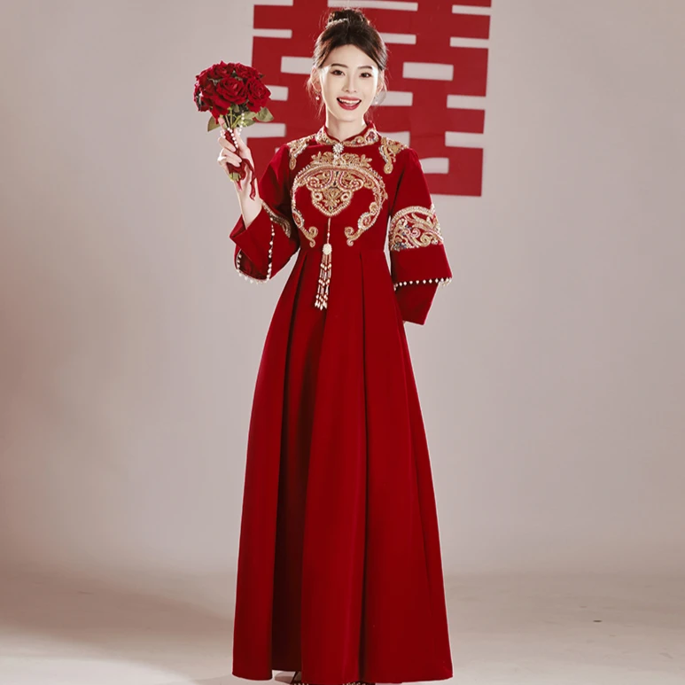 中式秋冬丝绒敬酒服2023新款红色孕妇礼服大码胖mm新娘结婚礼服