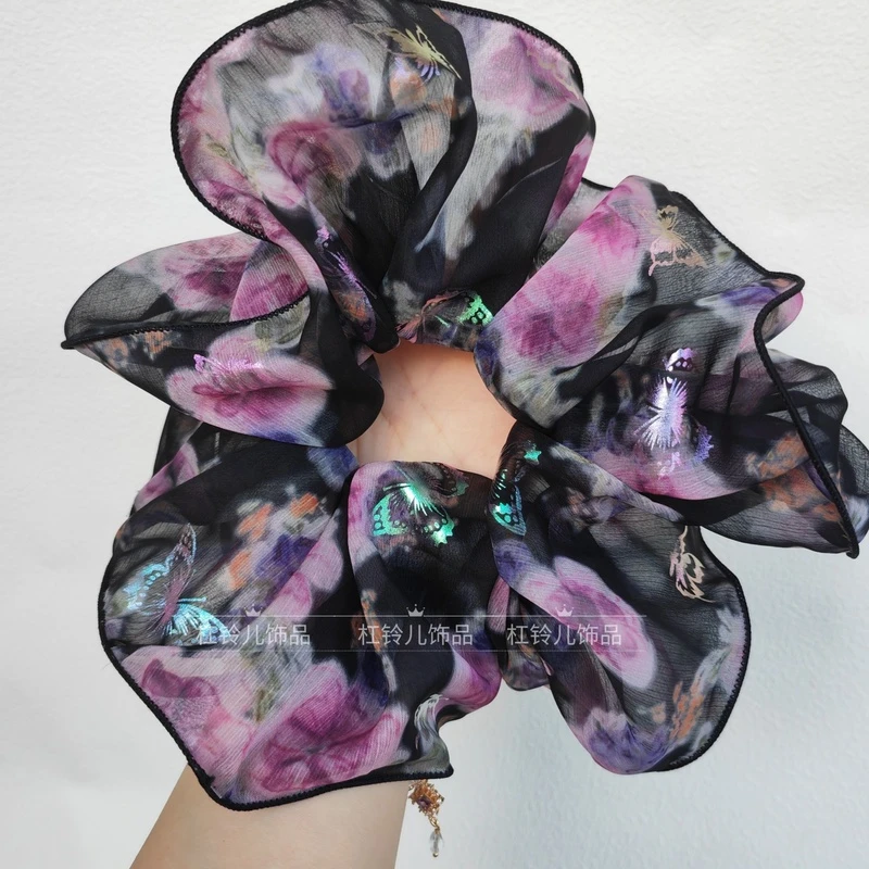 春夏新色薄纱烫金复古花朵印花肥肠圈大肠圈法式丸子头发绳发圈女