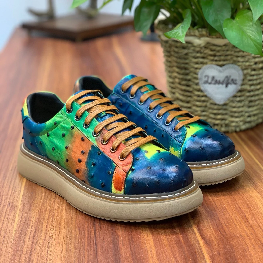 新款手工涂鸦鸵鸟皮夏季运动男鞋时尚平底舒适百搭潮鞋低帮经典