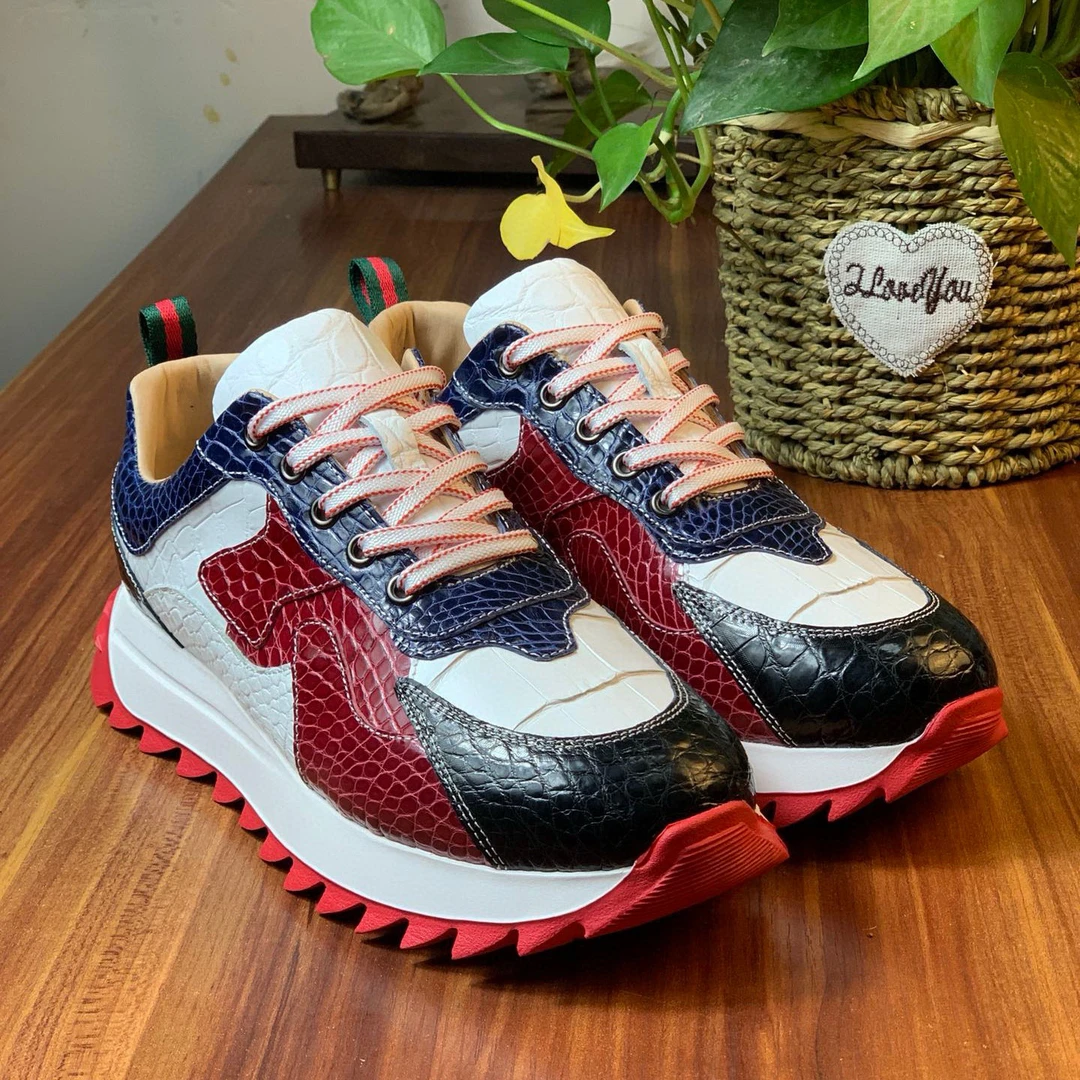鳄鱼皮拼色休闲红底鞋子时尚百搭户外时尚撞色低帮潮鞋男士