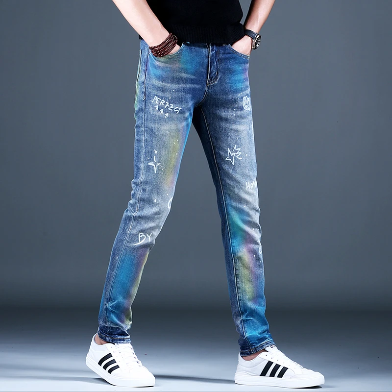 欧货高端男士牛仔裤男款修身小脚潮牌高档弹力休闲直筒男裤91330