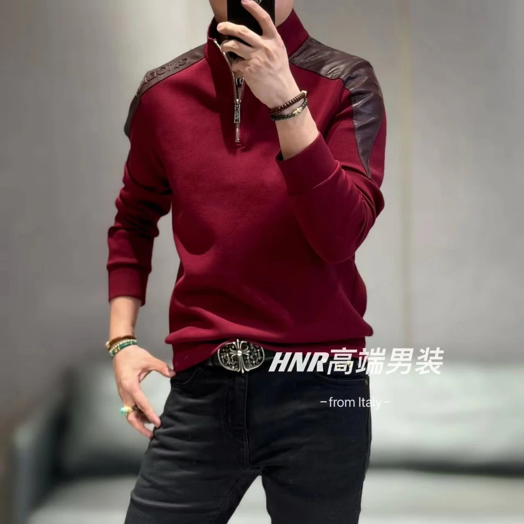 绵羊皮拼接年秋季新款休闲时尚百搭男士加绒卫衣5865