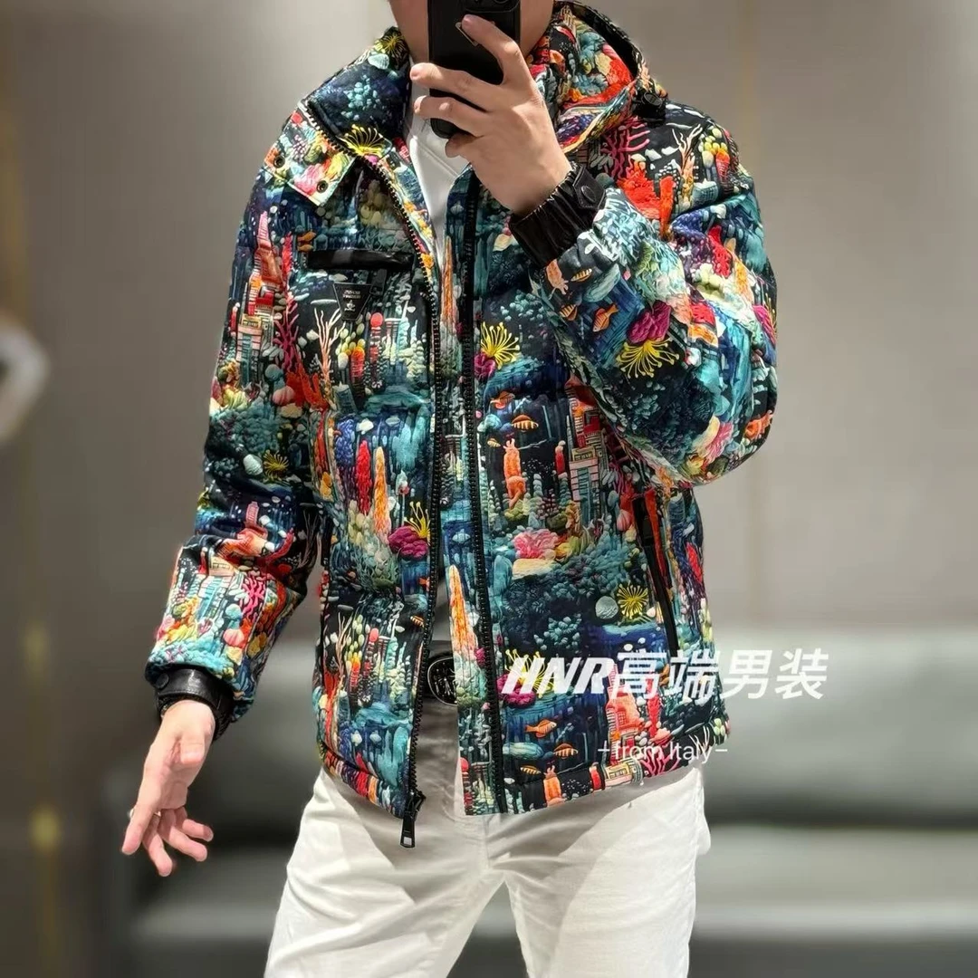 【乔治雷迪尼专卖】裸眼3D幻彩琉璃海底世界真皮拼接羽绒服256602