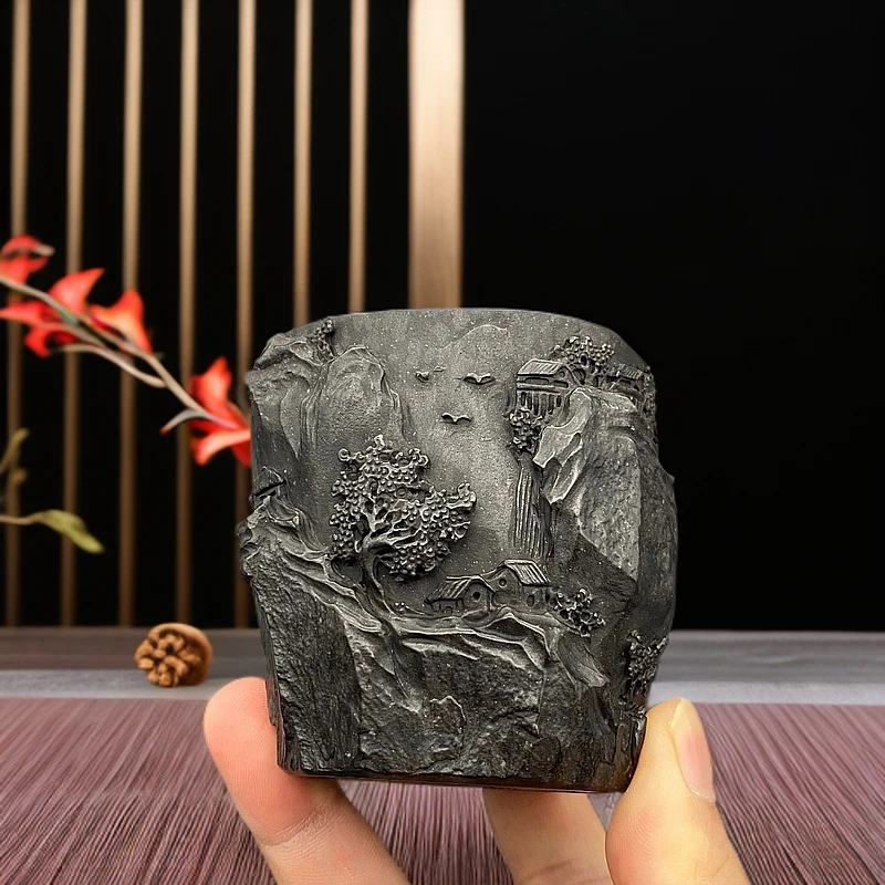 冰碛岩手工雕刻山水茶杯高端手凿主人杯高货可收藏手工茶具120cc