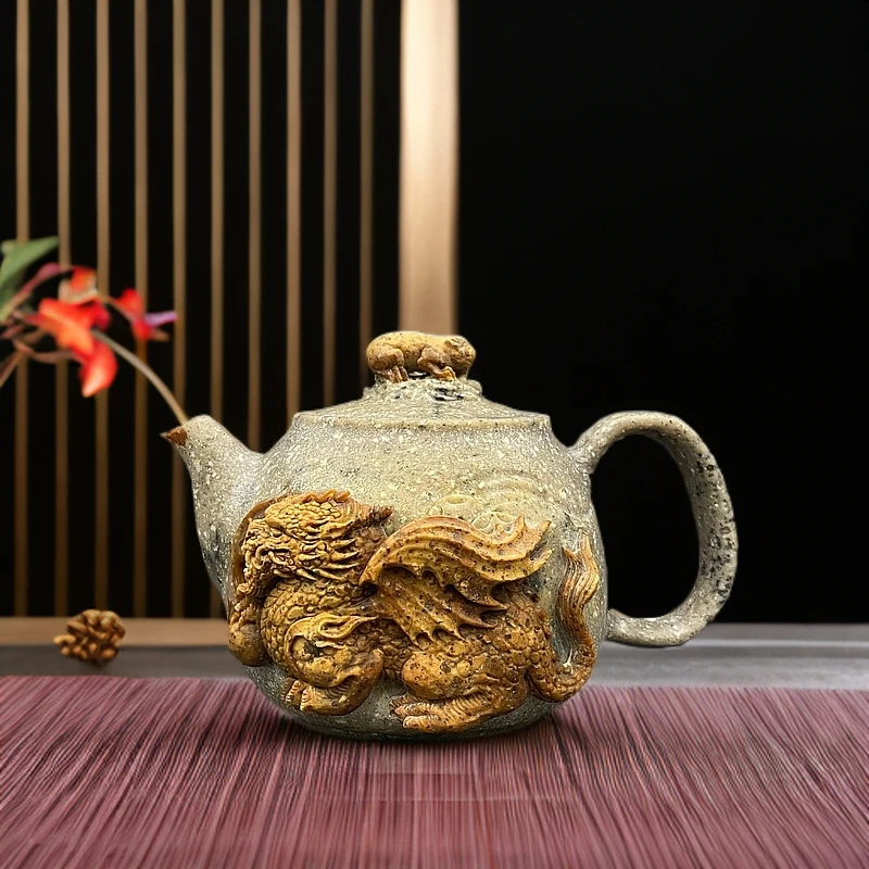 冰碛玉飞天貔貅凤鸣壶雕刻手工茶壶270cc送礼家用节日商用