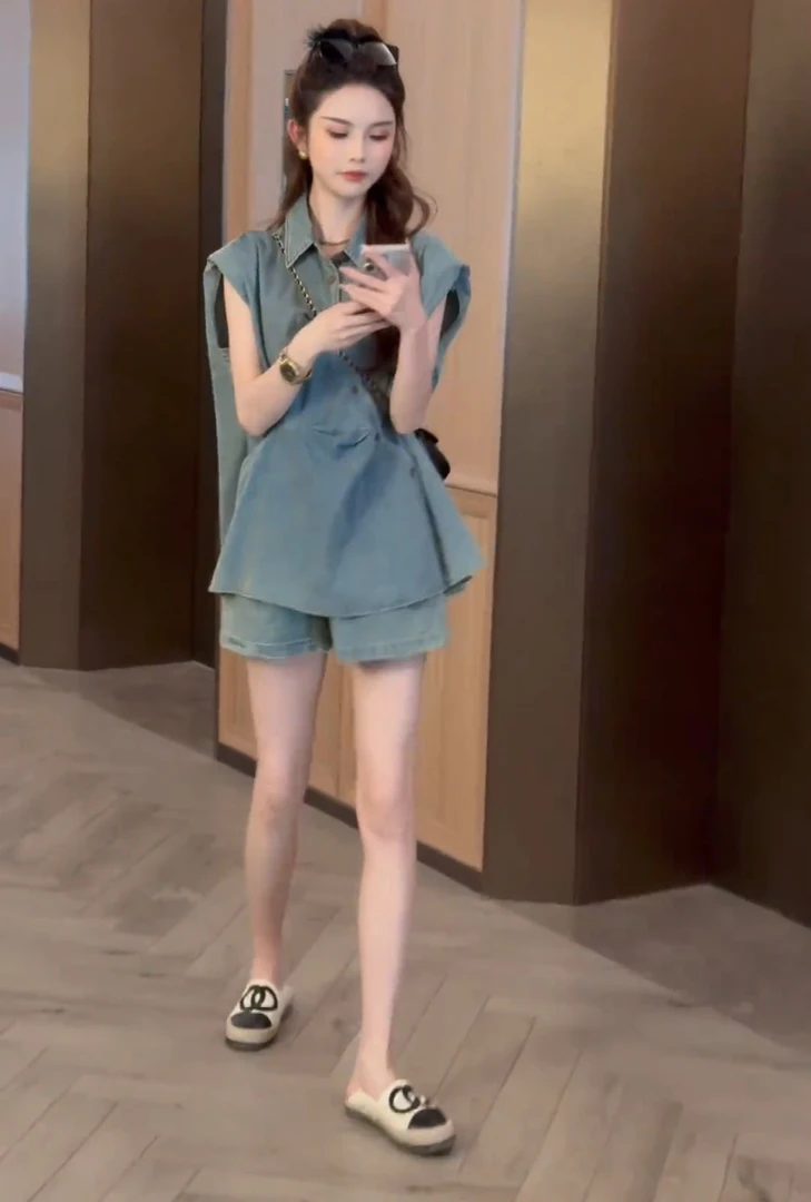 又a又飒牛仔套装裤女夏薄2025新款高级感酷飒拽姐短裤炸街两件套