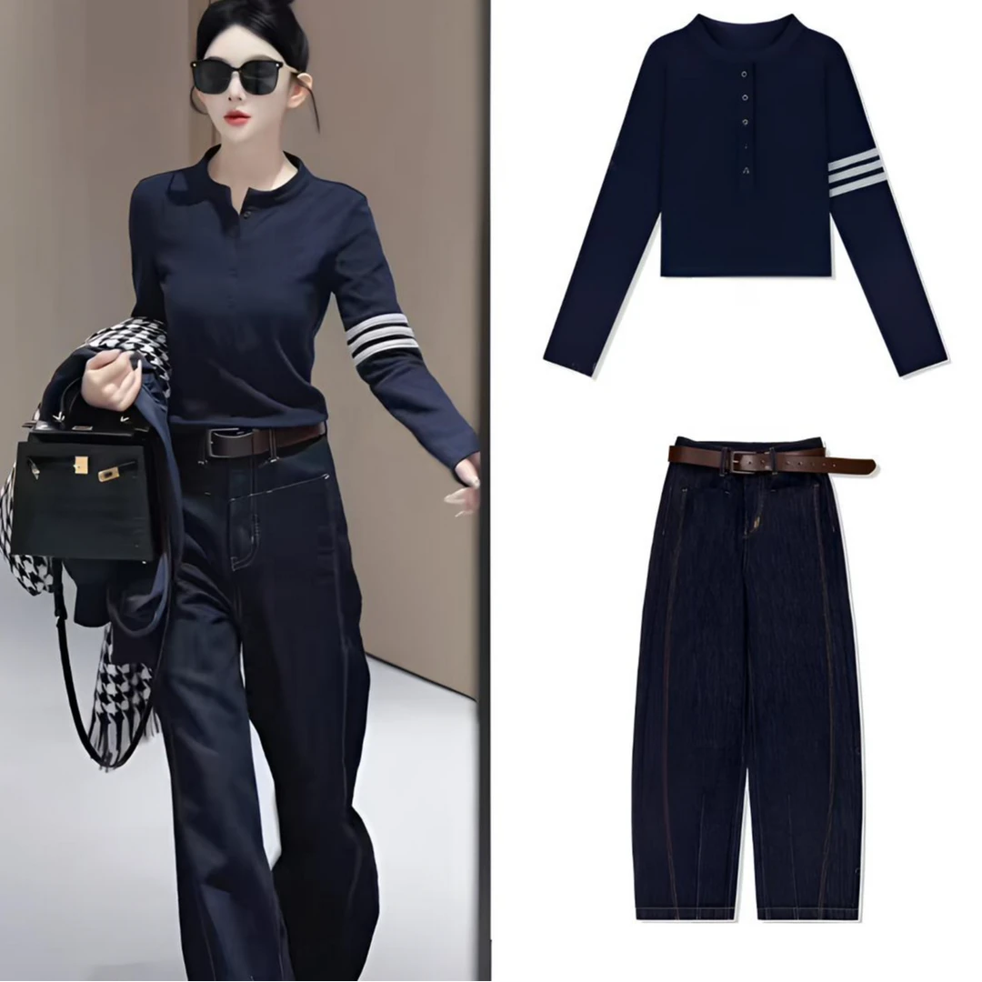 韩版设计感纽扣三条杠柔软T恤女秋冬新款显瘦百搭休闲长袖上衣潮