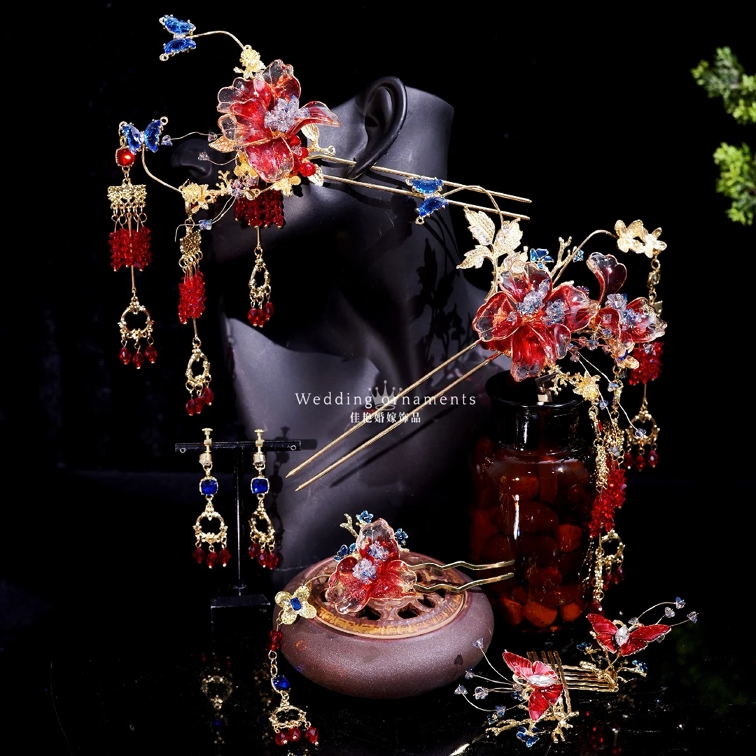 9081新款气质中式奢华婚礼红色琉璃手工花朵流苏秀禾新娘头饰