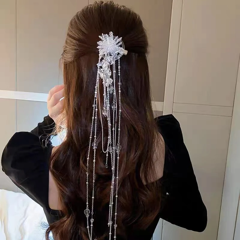 合金仿水晶婚庆饰品 1023网红气质款小众长流苏边夹仙仙百搭款