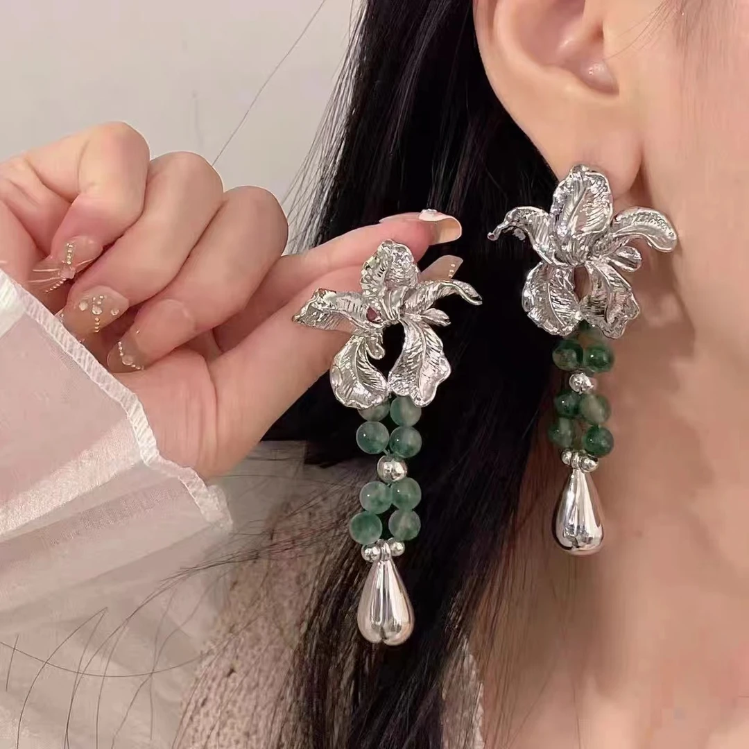 合金仿水晶耳饰 1085新款轻奢气质复古金属花绿色仿水晶流苏耳环