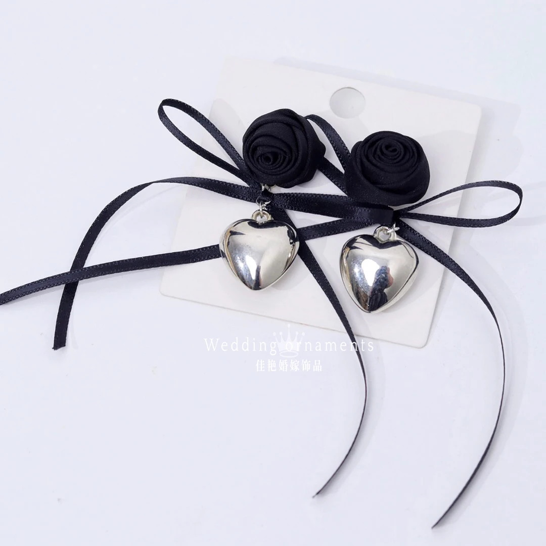 合金布艺耳饰 1057甜酷黑色蝴蝶结花朵金属爱心流苏个性少女耳环