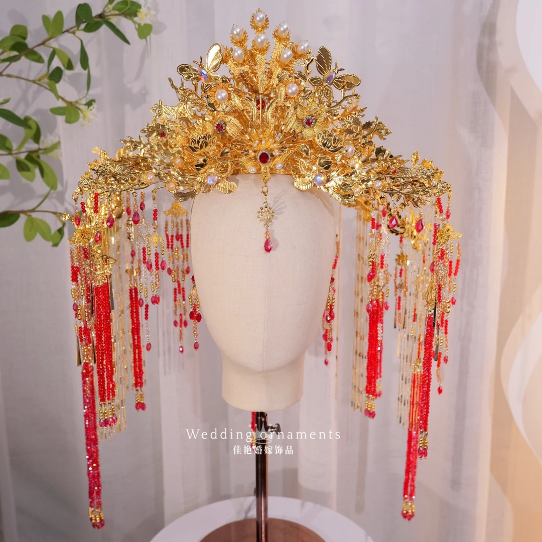 9027精致古装红金相见圆冠仿水晶长流苏古风奢华气质款新娘头饰