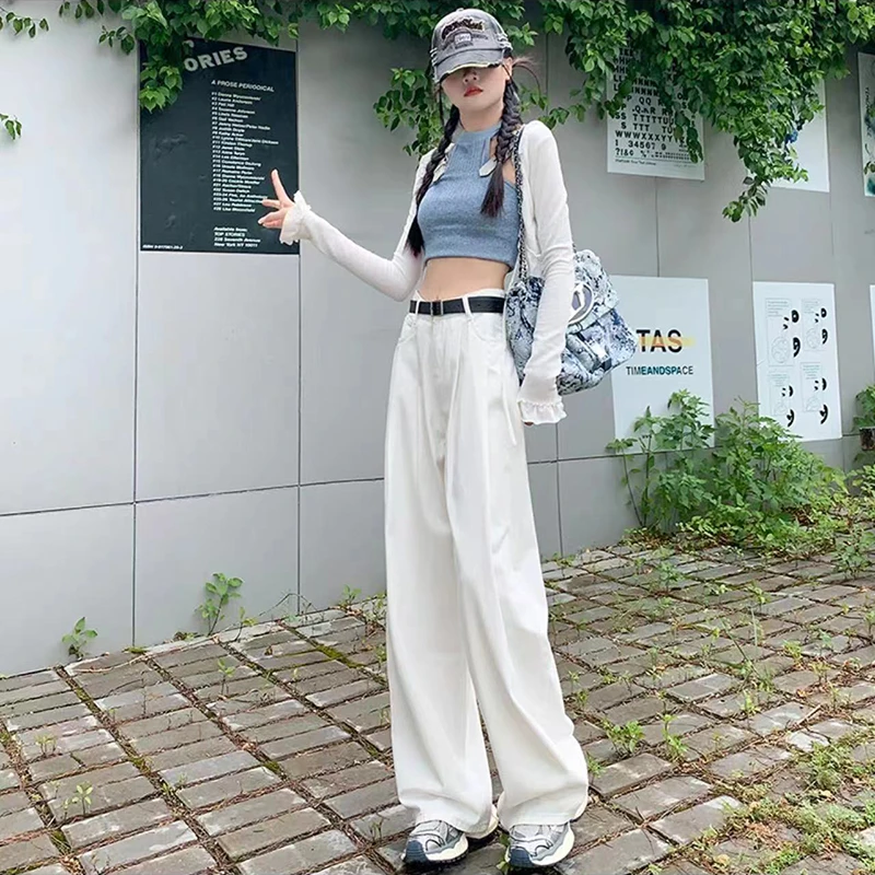【有腰带】白色新款女装牛仔裤高腰百搭休闲阔腿裤显瘦宽松拖地裤潮