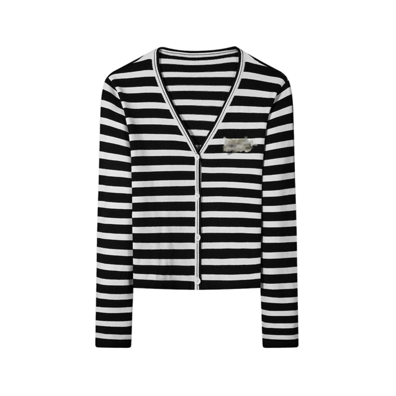 M家2023年高品质早秋新款修身重工条纹针织打底长袖V领小开衫女