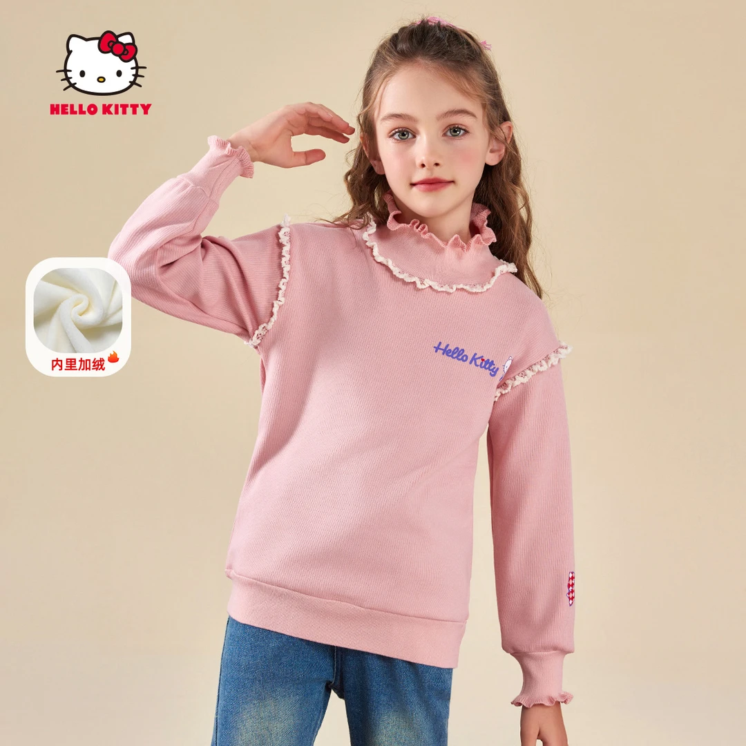 HELLO KITTY/凯蒂猫2024新款冬季中大童女童半高领花边袖加绒卫衣