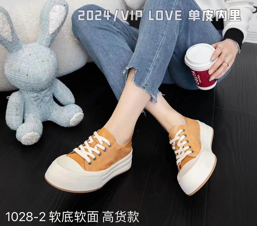 YURONGBIN【名古屋】头层牛皮时尚舒适软面圆头系带软底拼色面包鞋