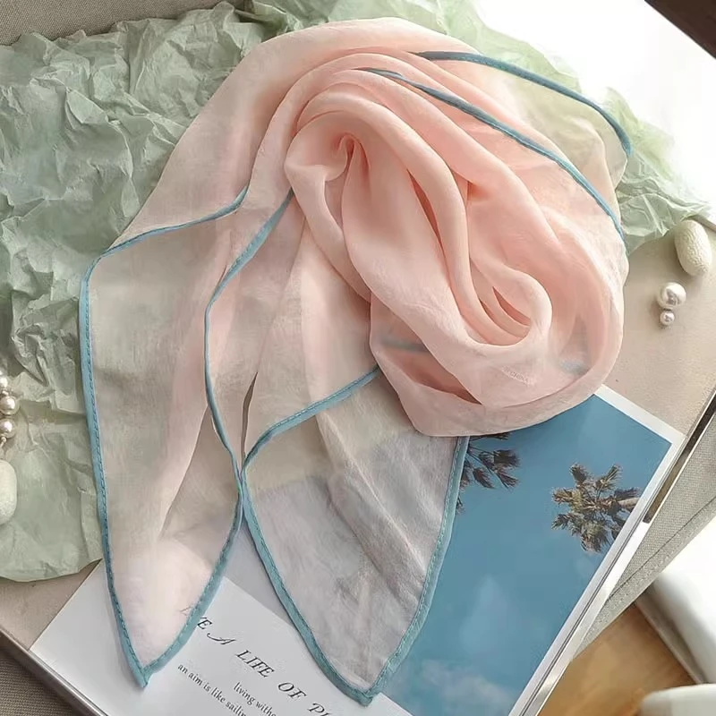 轻薄洋气丝巾纯色撞色百搭文艺飘逸高级感护颈装饰围巾防晒纱巾