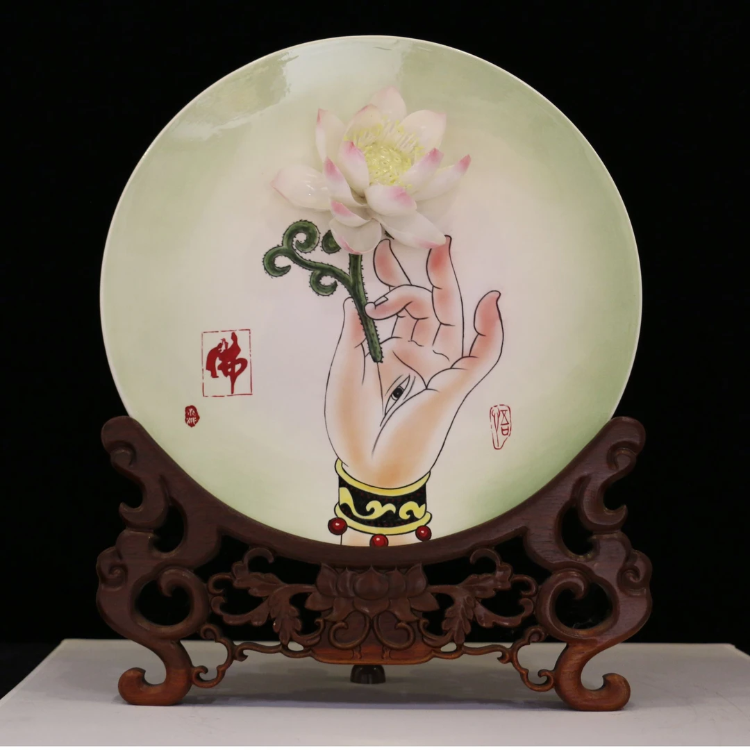 洛阳牡丹瓷盘摆件高档次陶瓷结婚客厅办公室立体手捏花礼品摆件