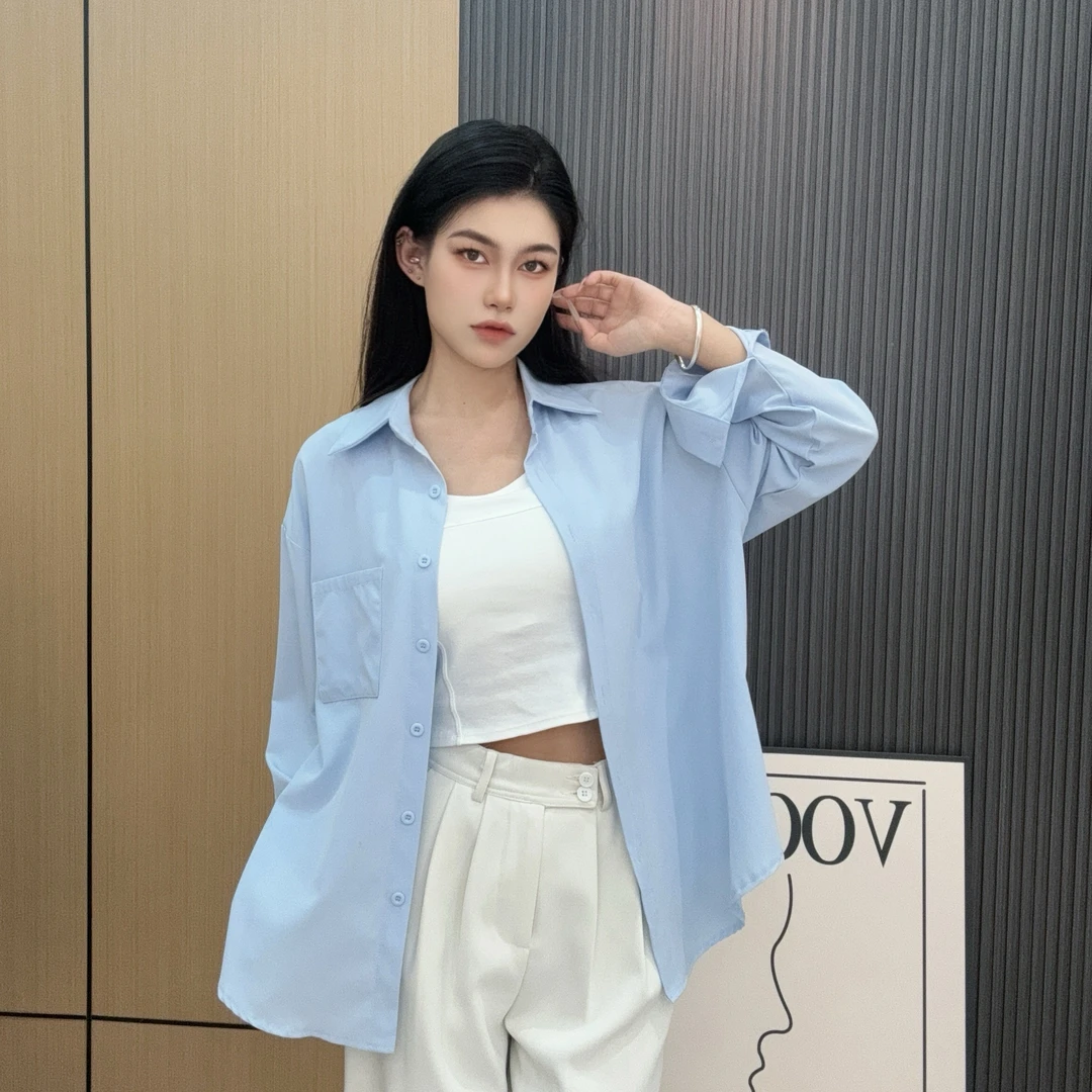 设计感小众衬衫外套女早秋季新款简约百搭宽松蓝色中长款纯色衬衣