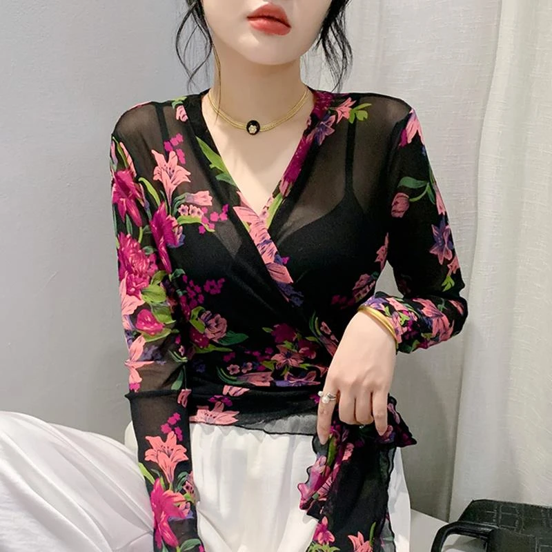 收腰绑带防晒衫女长袖性感网纱印花上衣修身显瘦气质百搭打底衫潮