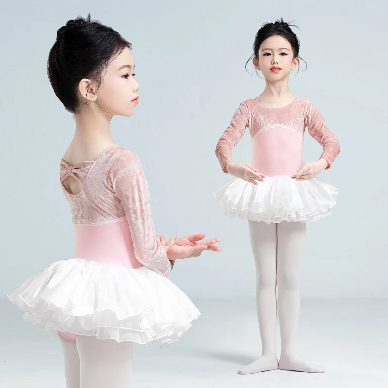 儿童舞蹈服女春秋长袖芭蕾练功服拼绒撞色连体服金丝绒考级连体裙