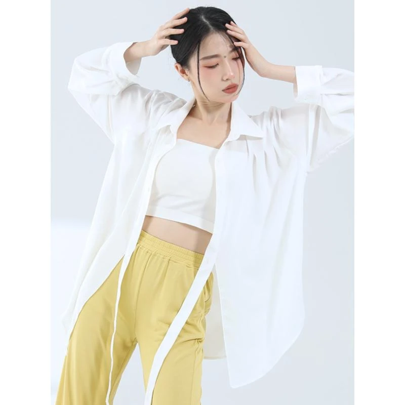 男女同款宽松练功服现代舞爵士舞飘逸垂感雪纺教师表演服长袖衬衣