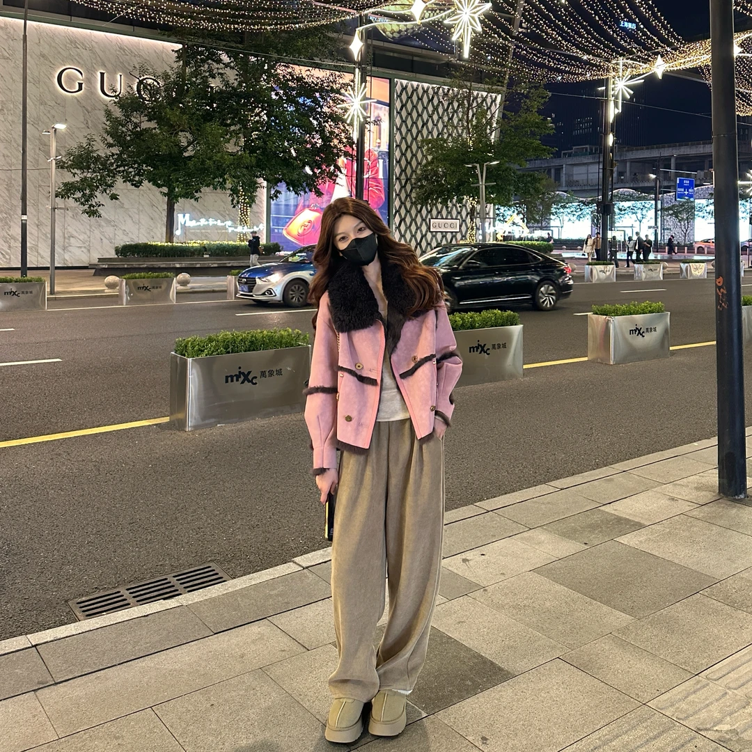 【W1397】Liixu显瘦短款上衣女气质网红毛毛外套时尚设计拼接外套女