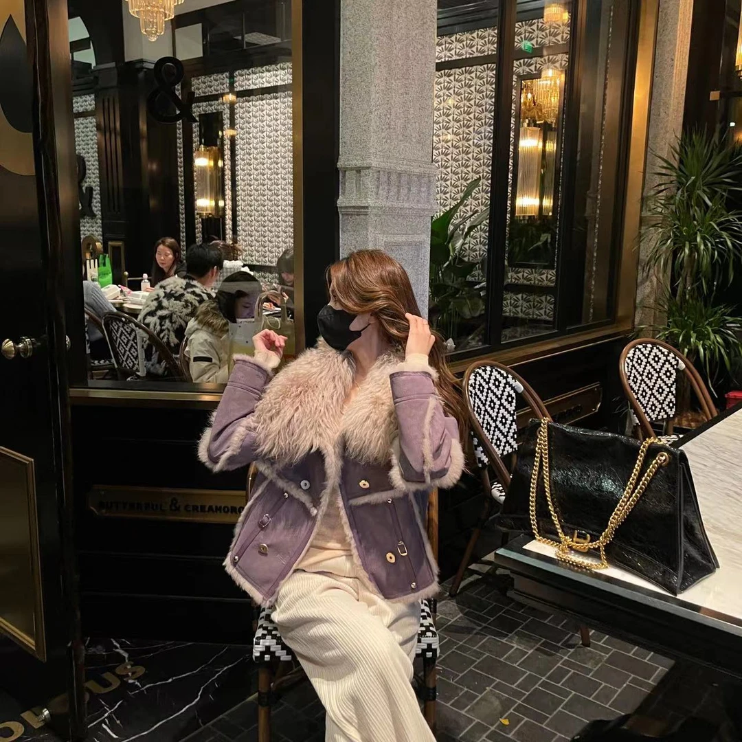 【W1397】Liixu显瘦短款上衣女气质网红毛毛外套时尚设计拼接外套女