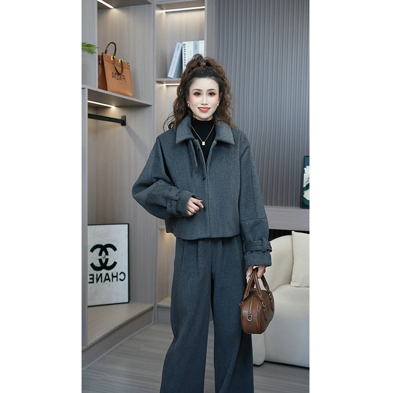 Liixu英伦复古毛呢外套女羽绒内胆蝙蝠袖阔腿裤两件套L48TZ034