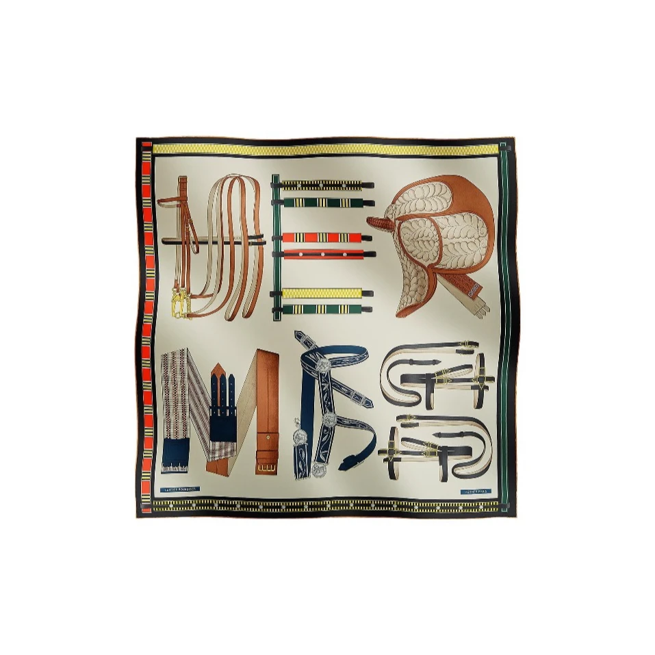 全新未使用 Hermes/爱马仕 【佳娴】“马术密匙”90丝巾 黑色 米色
