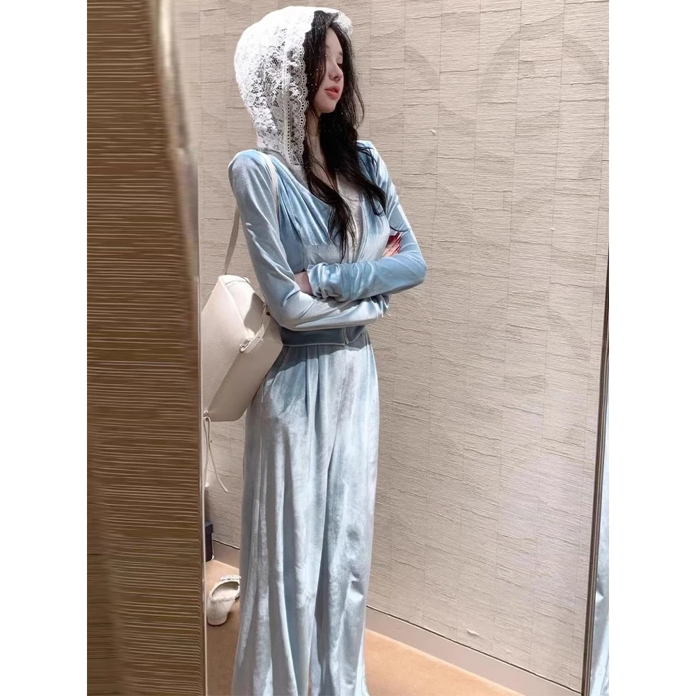 【华丽派对】时尚丝绒套装假两件蕾丝拼接连帽外套直筒裤休闲两件套