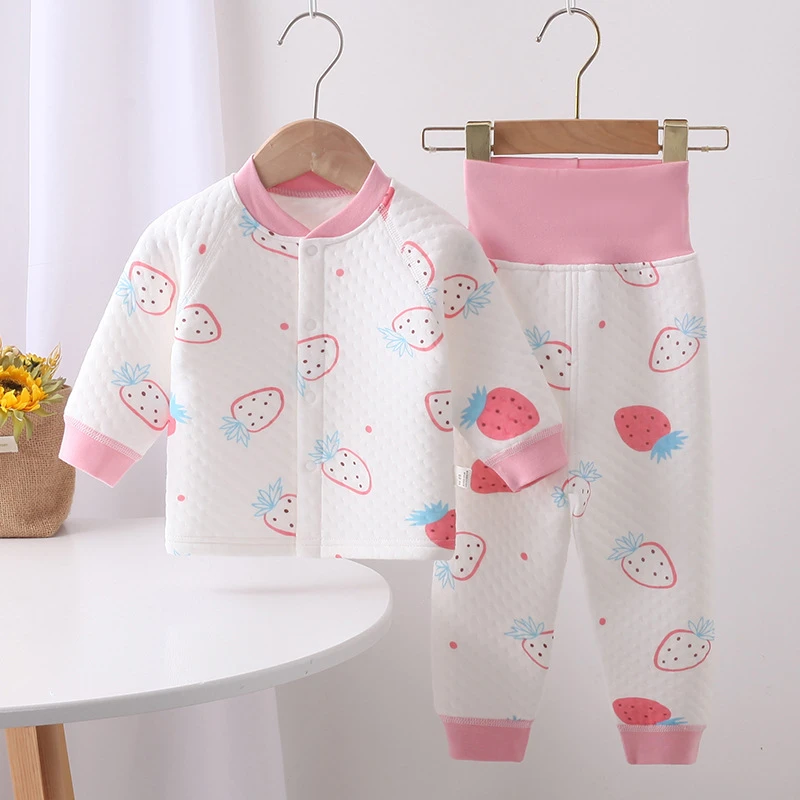 秋冬新款婴儿保暖内衣套装宝宝无骨夹棉护肚两件套卡通打底衣现货