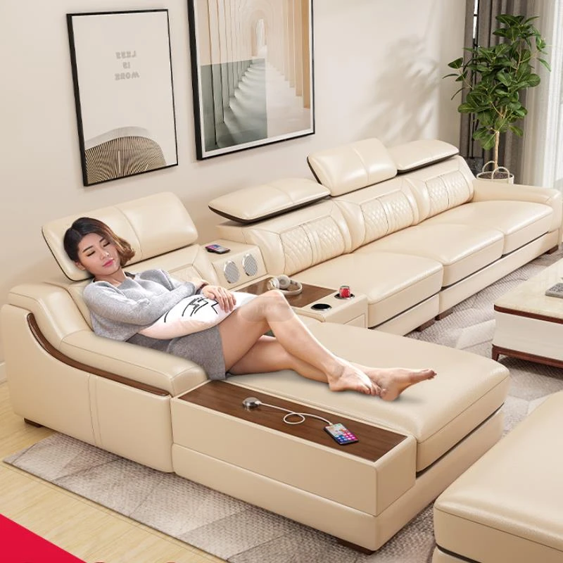 轻奢现代真皮沙发太空舱实木L型组合客厅沙发头层牛皮