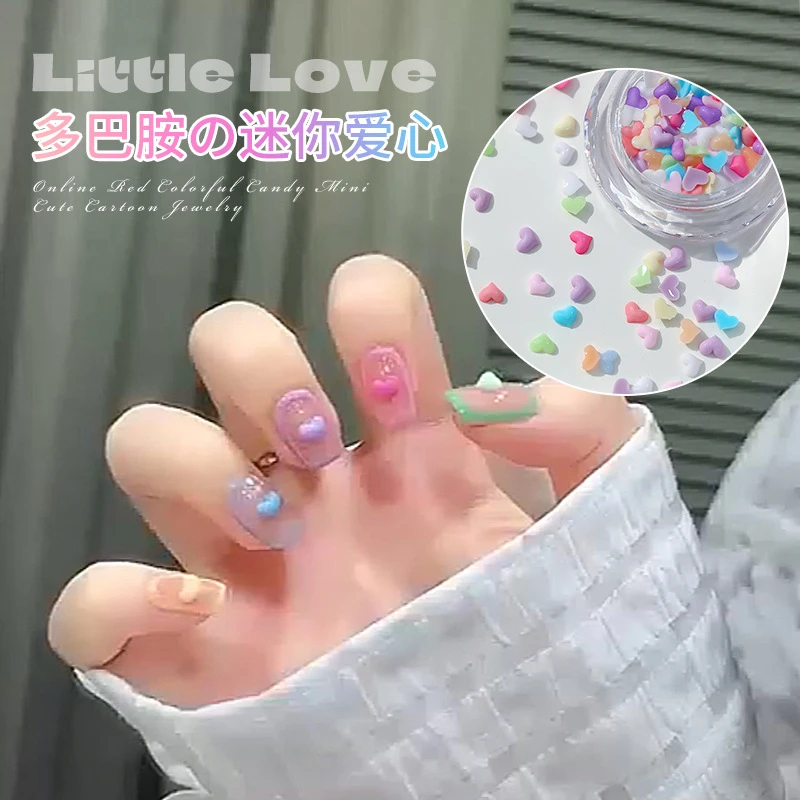 网红多巴胺迷你彩色爱心钻美甲饰品混装马卡龙色树脂立体平底桃心