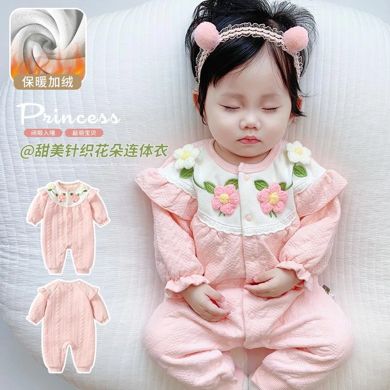 婴儿衣服秋冬装新生女宝宝连体衣公主满月百天加绒外出服