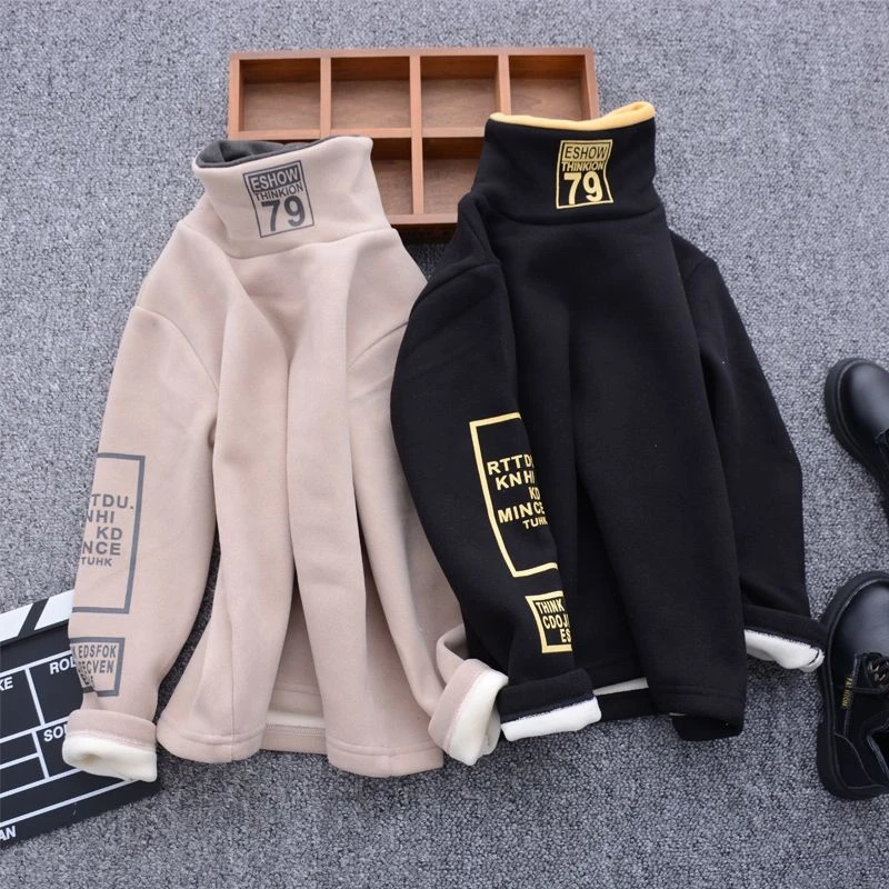 男童冬季加绒打底衫2023新款男孩中大童洋气T恤冬款儿童高领卫衣