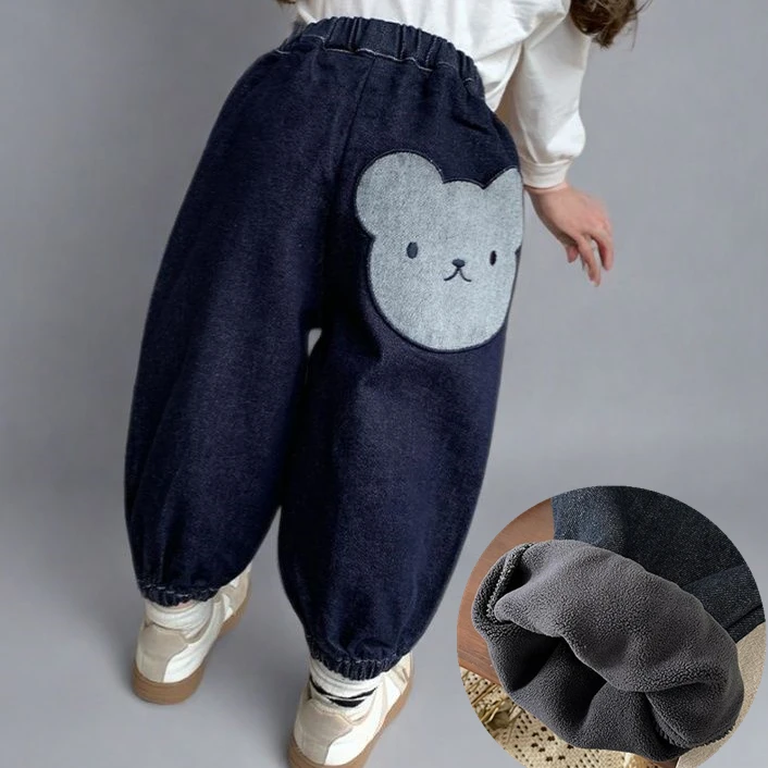 儿童加绒牛仔裤2024秋冬季简约百搭休闲男童女童冬款保暖束脚裤子