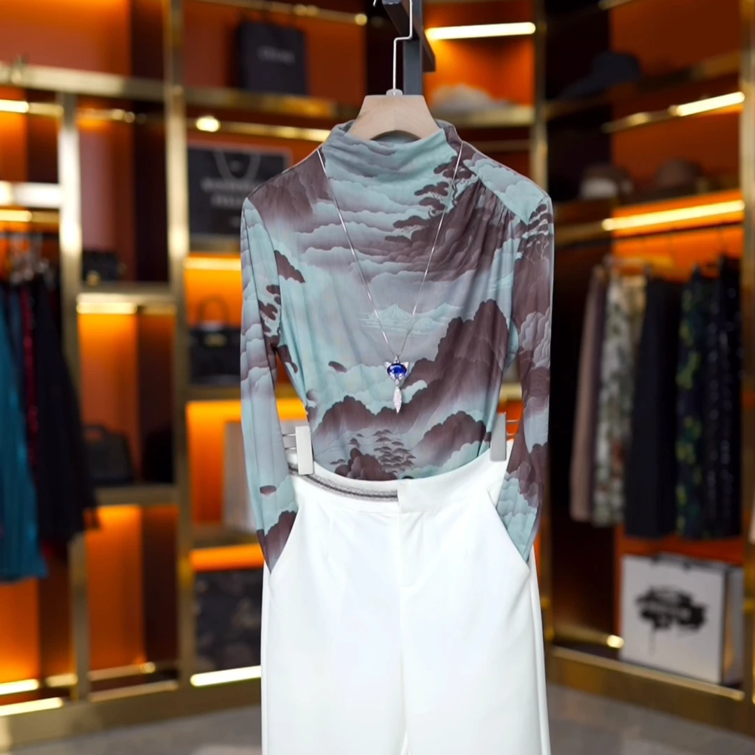 防晒T恤春秋新款气质修身显瘦弹力网纱长袖打底衫女上衣印花轻奢