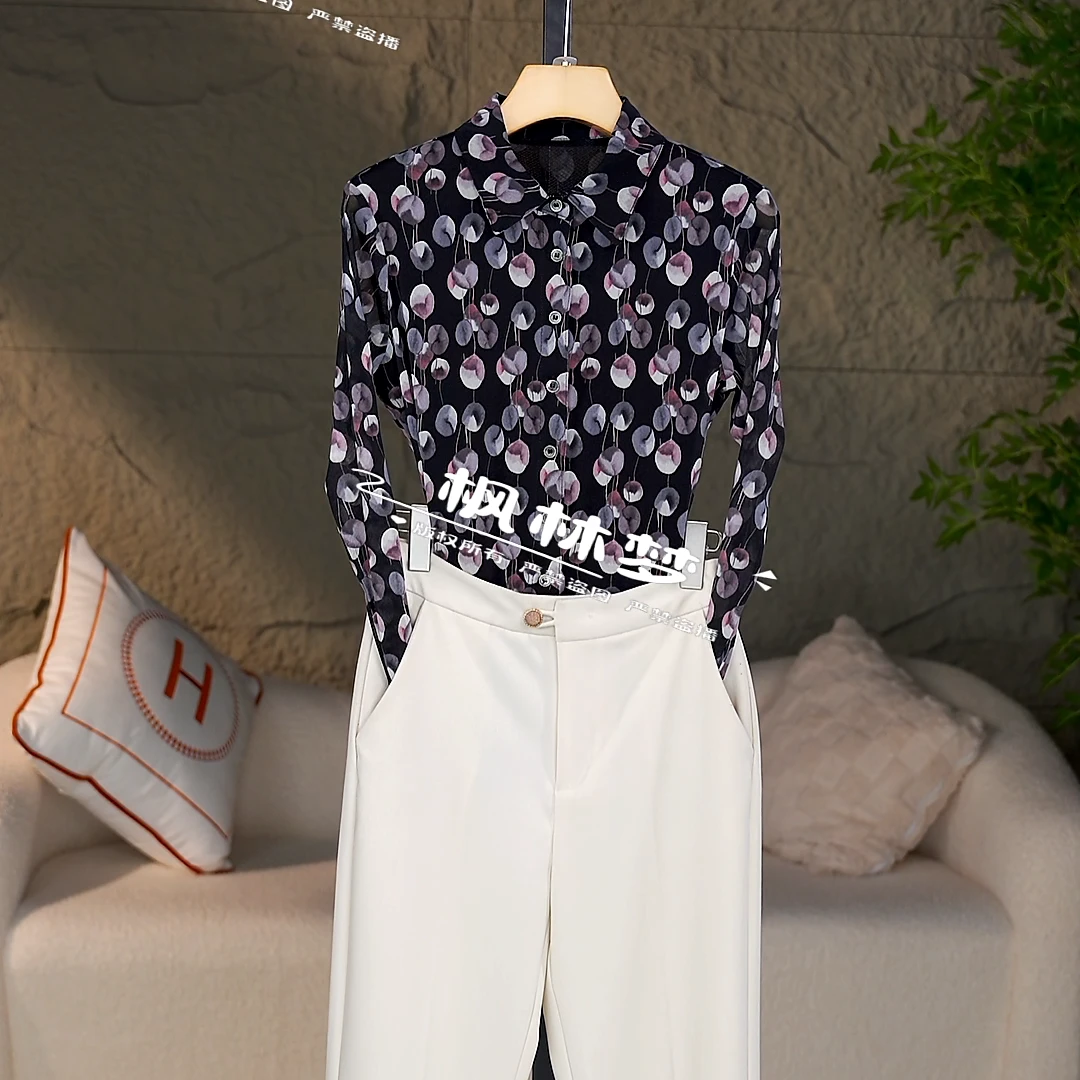 2025春季新款记忆纱气质修身显瘦时尚休闲长袖衬衫女上衣印花1434