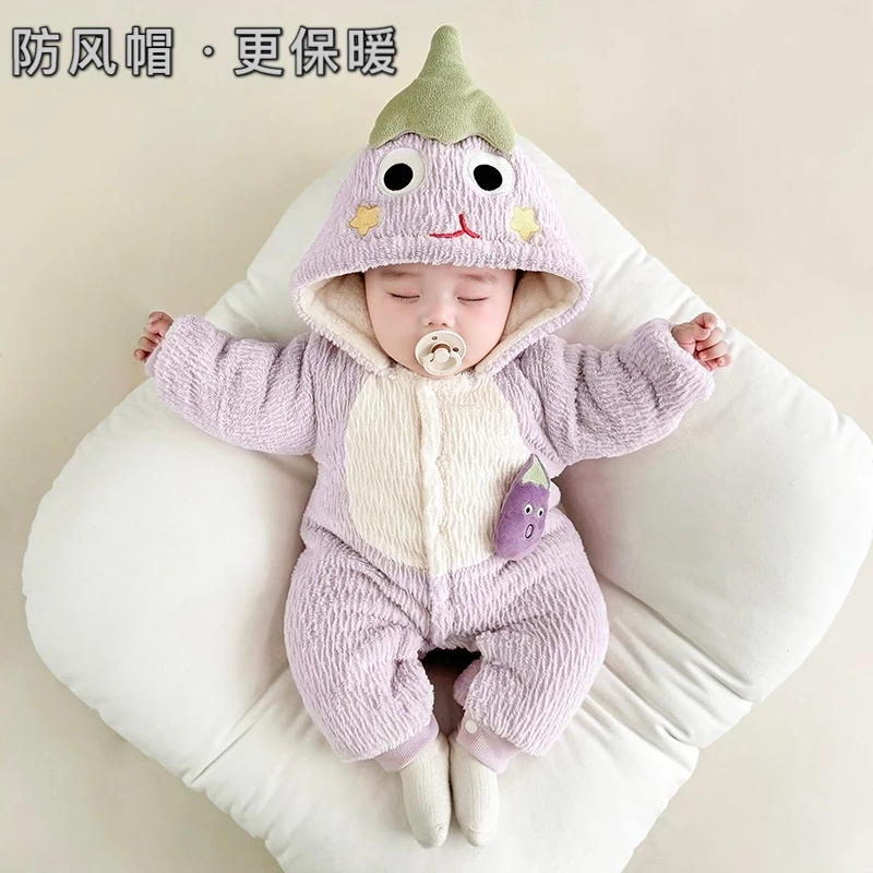 婴儿夹棉连体衣秋冬加厚保暖绒衣宝宝抱衣连帽爬服男女儿童外穿潮