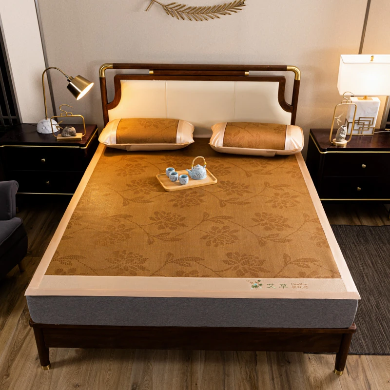 夏季凉席艾草驱蚊古藤席三件套冰丝席家用宿舍空调席子可折叠软席