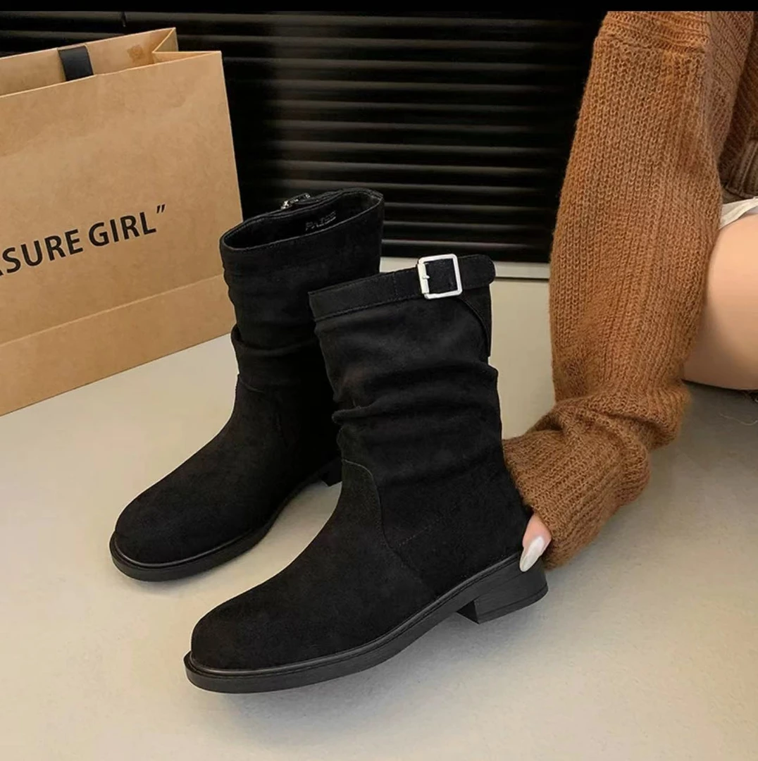 CC家粗跟中筒靴堆堆靴圆头百搭舒适时尚短靴女C20#