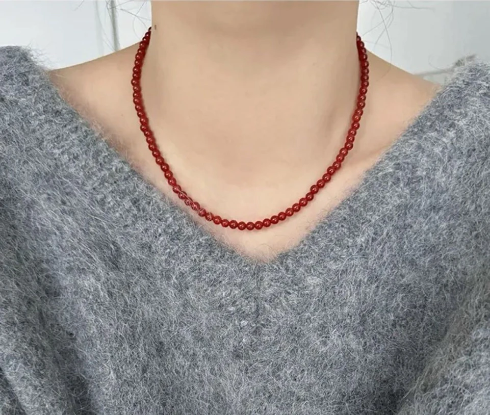 天然红玛瑙玉髓卡4mm项链锁骨链女神佩戴 长度45厘米