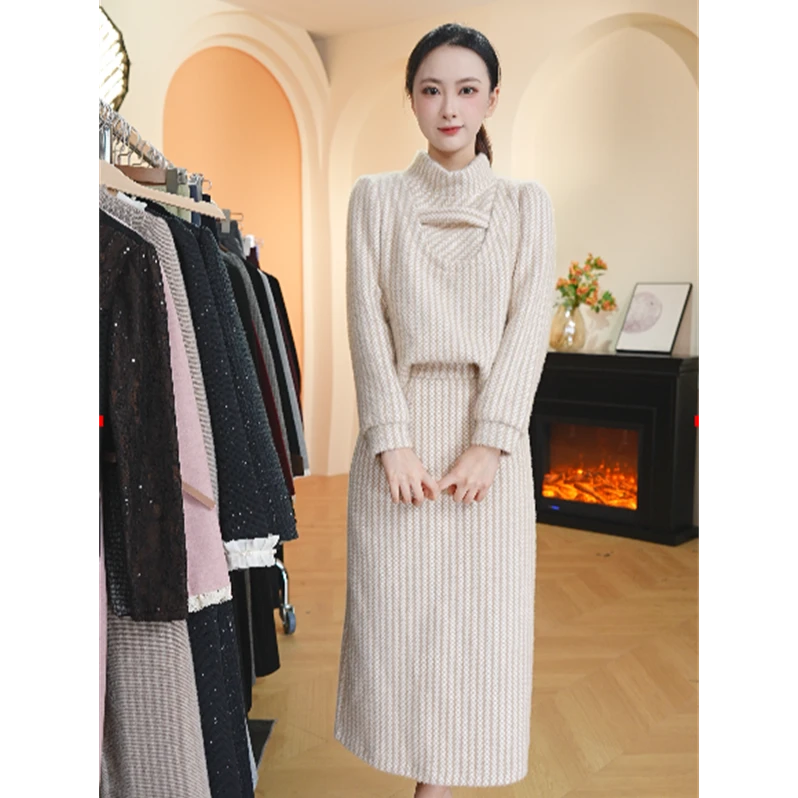 Y1617新款冬季优雅气质时尚减龄高级收腰显瘦连衣裙套装