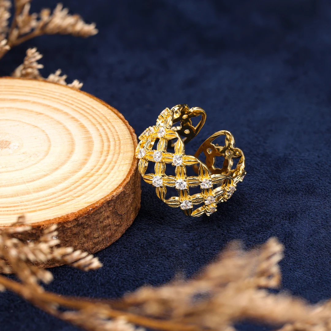 萃华金店 925银戒指 花间相恋戒指 镂空镶嵌满钻时尚CHYR0014@3