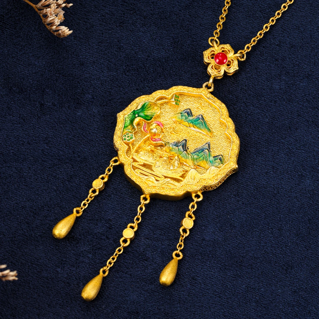 萃华金店 坠链均足银 山水映莲华流苏吊坠珐琅复古国潮CHYL0054@2